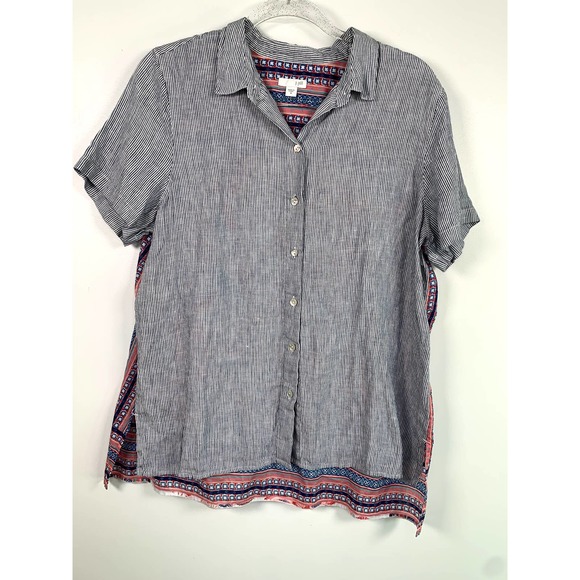 J Jill Linen Blend Mixed Print Short Sleeve Button Front‎ Blouse M - Picture 1 of 6